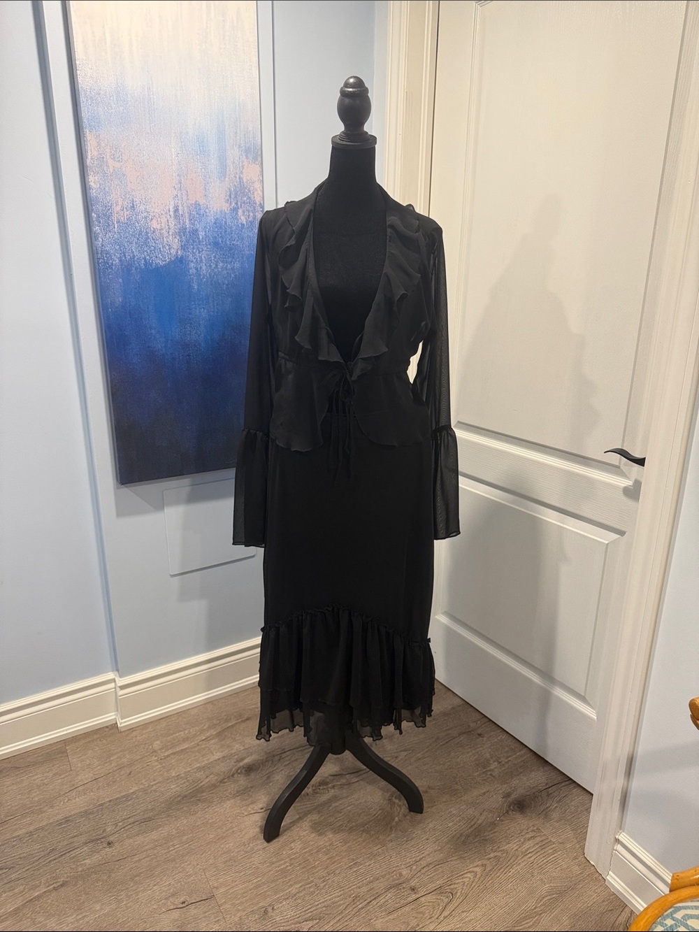 2 Piece-Black Ruffled Bell Sleeves Top With Ruffle Skirt